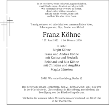 Traueranzeige von Franz Köhne von Tageszeitung