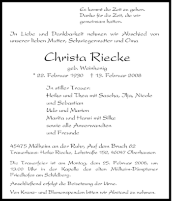 Traueranzeige von hrista Riecke von Tageszeitung