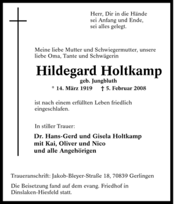 Traueranzeige von Hildegard Holtkamp von Tageszeitung