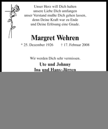 Traueranzeige von Margret Wehren von Tageszeitung