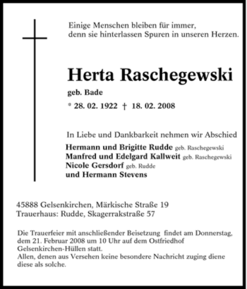 Traueranzeige von Herta Raschegewski von Tageszeitung