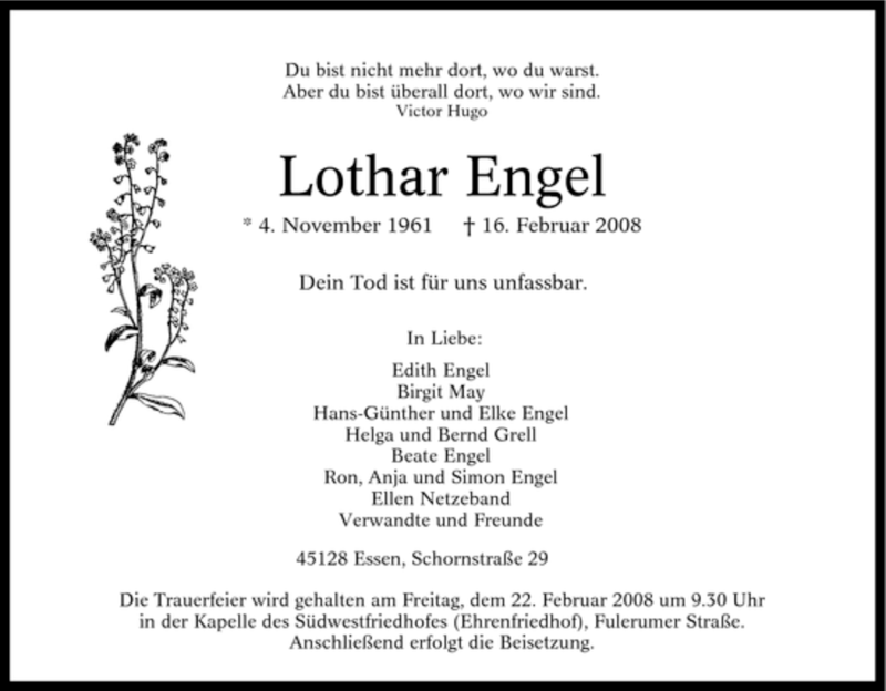  Traueranzeige für Lothar Engel vom 20.02.2008 aus Tageszeitung