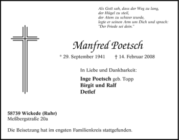 Traueranzeige von Manfred Poetsch von Tageszeitung