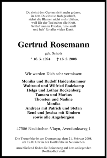 Traueranzeige von Gertrud Rosemann von Tageszeitung