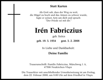Traueranzeige von Irén Fabriczius von Tageszeitung