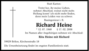 Traueranzeige von Richard Heine von Tageszeitung