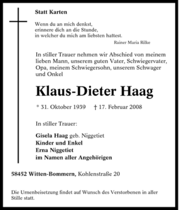 Traueranzeige von Klaus-Dieter Haag von Tageszeitung