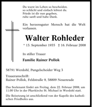 Traueranzeige von Walter Rohleder von Tageszeitung