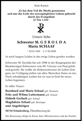 Traueranzeige von Maria Schaaf von Tageszeitung