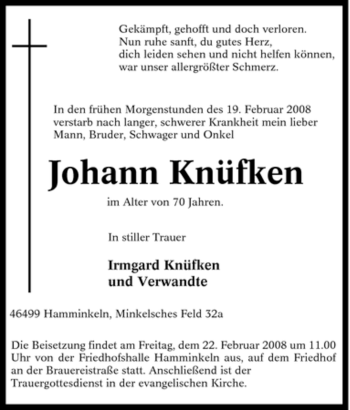 Traueranzeige von Johann Knüfken von Tageszeitung