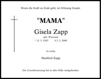 Traueranzeige von Gisela Zapp von Tageszeitung