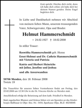 Traueranzeige von Helmut Hammerschmidt von Tageszeitung