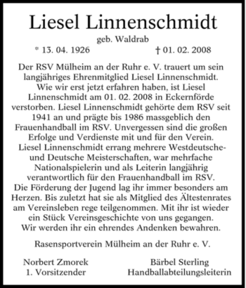 Traueranzeige von Liesel Linnenschmidt von Tageszeitung