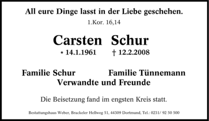  Traueranzeige für Carsten Schur vom 20.02.2008 aus Tageszeitung