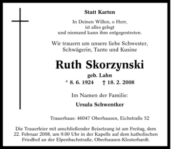 Traueranzeige von Ruth Skorzynski von Tageszeitung