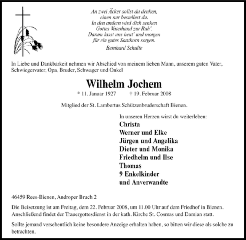  Traueranzeige für Wilhelm Jochem vom 20.02.2008 aus Tageszeitung