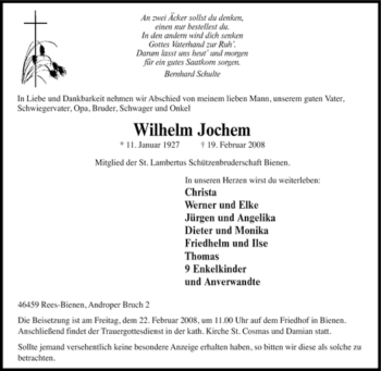 Traueranzeige von Wilhelm Jochem von Tageszeitung