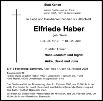 Traueranzeige von Elfriede Haber von Tageszeitung