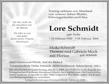 Traueranzeige von Lore Schmidt von Tageszeitung