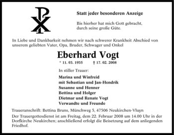 Traueranzeige von Eberhard Vogt von Tageszeitung