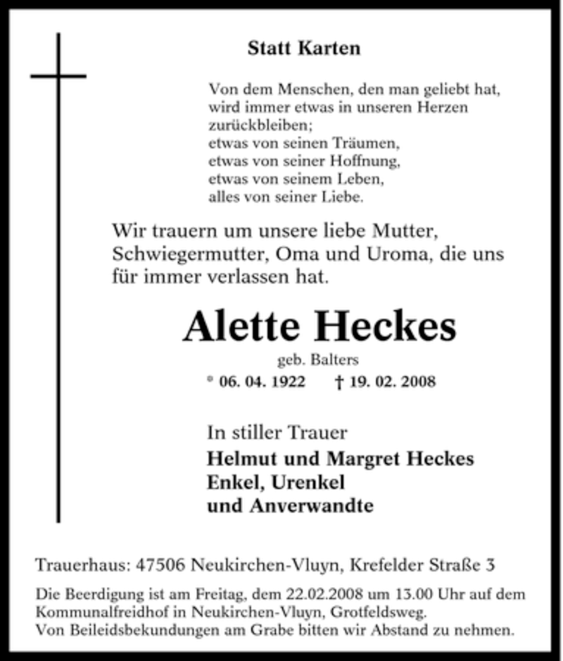  Traueranzeige für Alette Heckes vom 20.02.2008 aus Tageszeitung