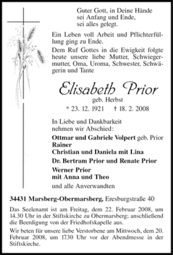 Traueranzeige von Elisabeth Prior von Tageszeitung