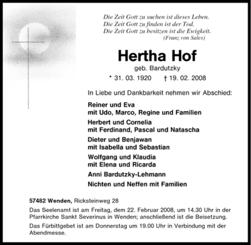  Traueranzeige für Hertha Hof vom 20.02.2008 aus Tageszeitung