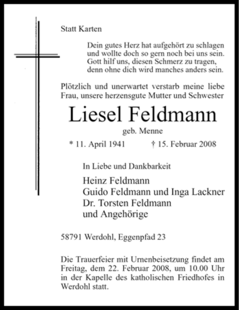  Traueranzeige für Liesel Feldmann vom 20.02.2008 aus Tageszeitung