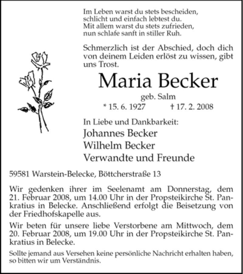  Traueranzeige für Maria Becker vom 20.02.2008 aus Tageszeitung