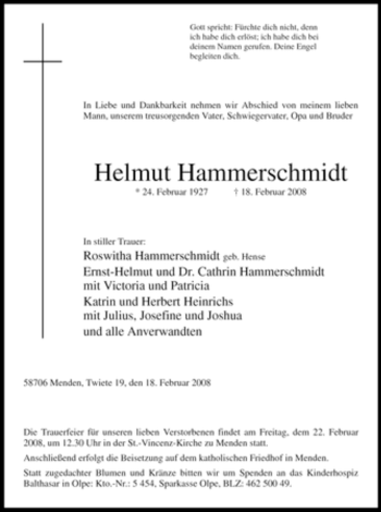 Traueranzeige von Helmut Hammerschmidt von Tageszeitung
