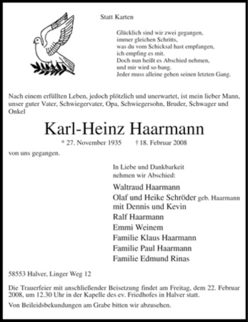 Traueranzeige von Karl-Heinz Haarmann von Tageszeitung