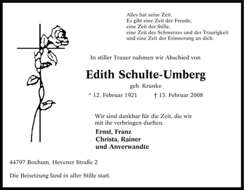  Traueranzeige für Edith Schulte-Umberg vom 21.02.2008 aus Tageszeitung