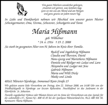 Traueranzeige von Maria Hißmann von Tageszeitung