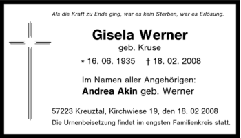 Traueranzeige von Gisela Werner von Tageszeitung