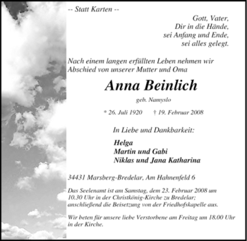 Traueranzeige von Anna Beinlich von Tageszeitung