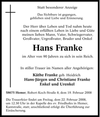 Traueranzeige von Hans Franke von Tageszeitung
