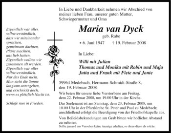 Traueranzeige von Maria von Dyck von Tageszeitung