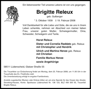 Traueranzeige von Brigitte Releux von Tageszeitung