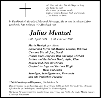 Traueranzeige von Julius Mentzel von Tageszeitung