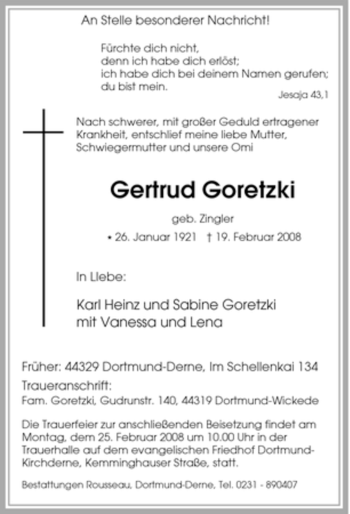 Traueranzeige von Gertrud Goretzki von Tageszeitung