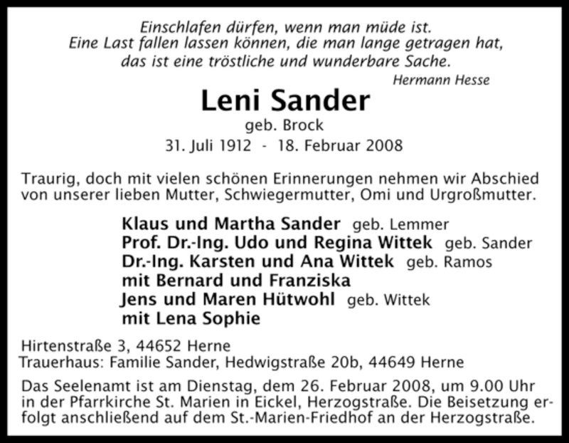  Traueranzeige für Leni Sander vom 21.02.2008 aus Tageszeitung