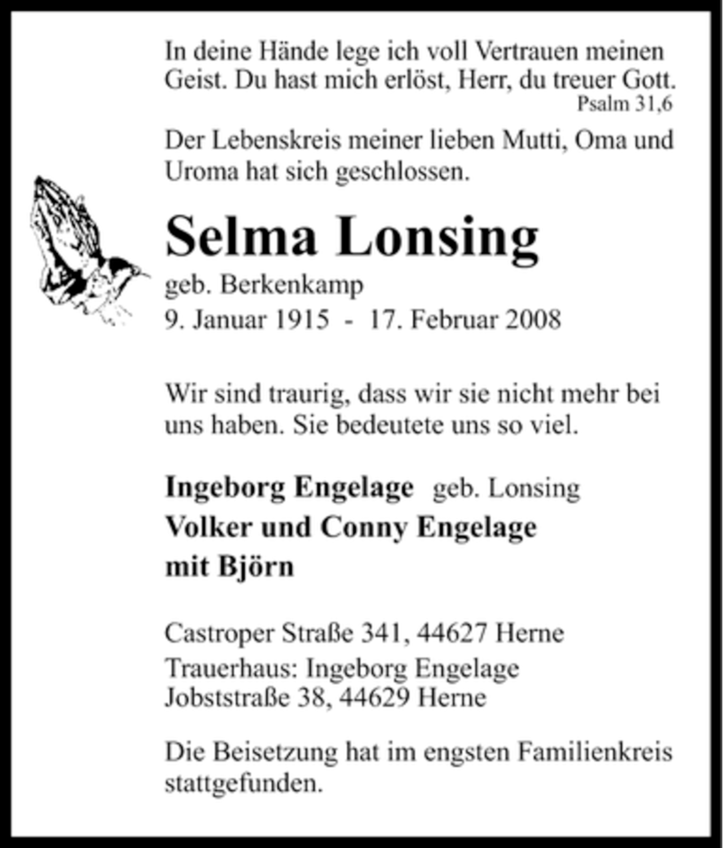  Traueranzeige für Selma Lonsing vom 21.02.2008 aus Tageszeitung