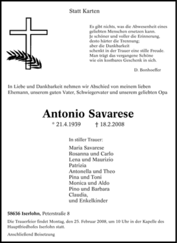 Traueranzeige von Antonio Savarese von Tageszeitung