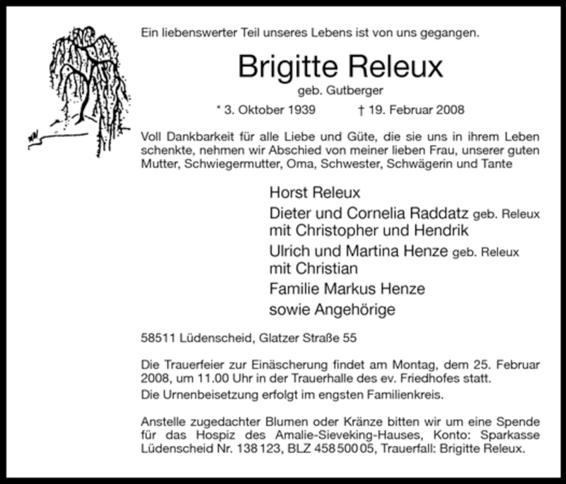  Traueranzeige für Brigitte Releux vom 21.02.2008 aus Tageszeitung