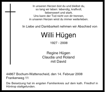 Traueranzeige von Willi Hügen von Tageszeitung
