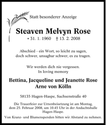 Traueranzeigen von Steaven Melvyn Rose | Trauer-in-NRW.de