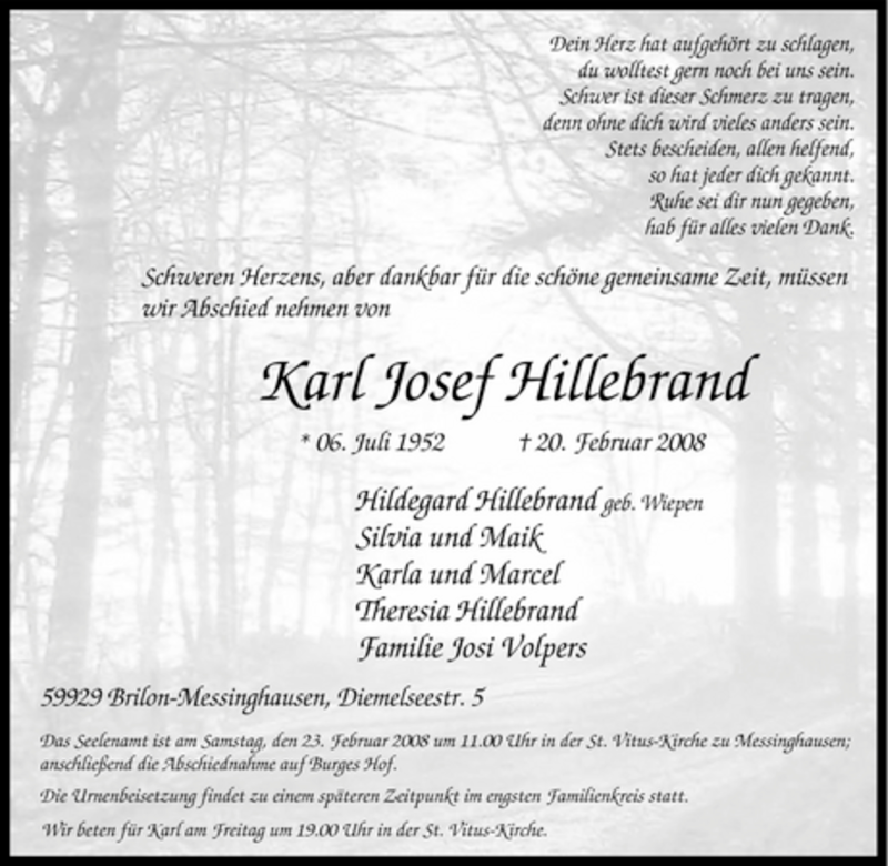  Traueranzeige für Karl Josef Hillebrand vom 22.02.2008 aus Tageszeitung