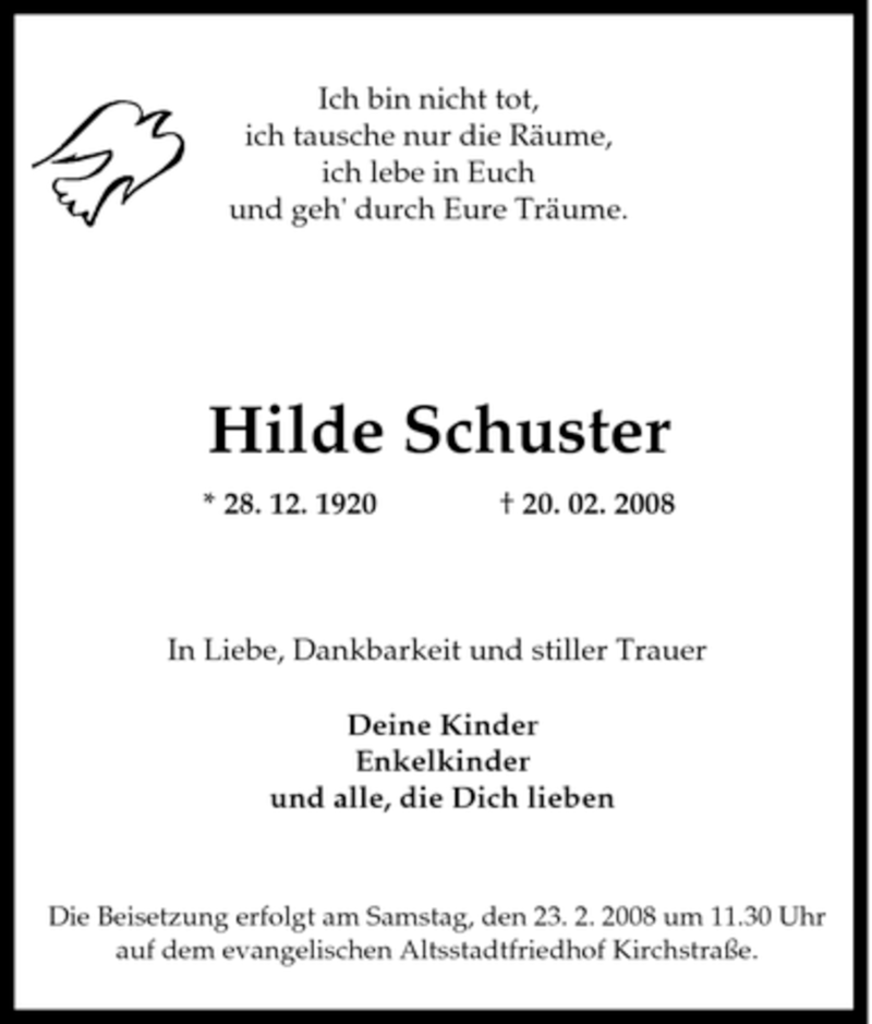  Traueranzeige für Hilde Schuster vom 22.02.2008 aus Tageszeitung