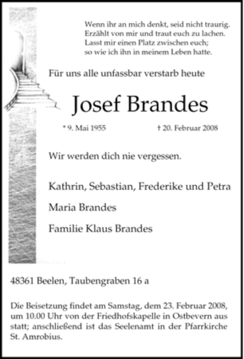 Traueranzeige von Josef Brandes von Tageszeitung