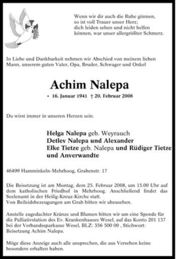 Traueranzeige von Achim Nalepa von Tageszeitung